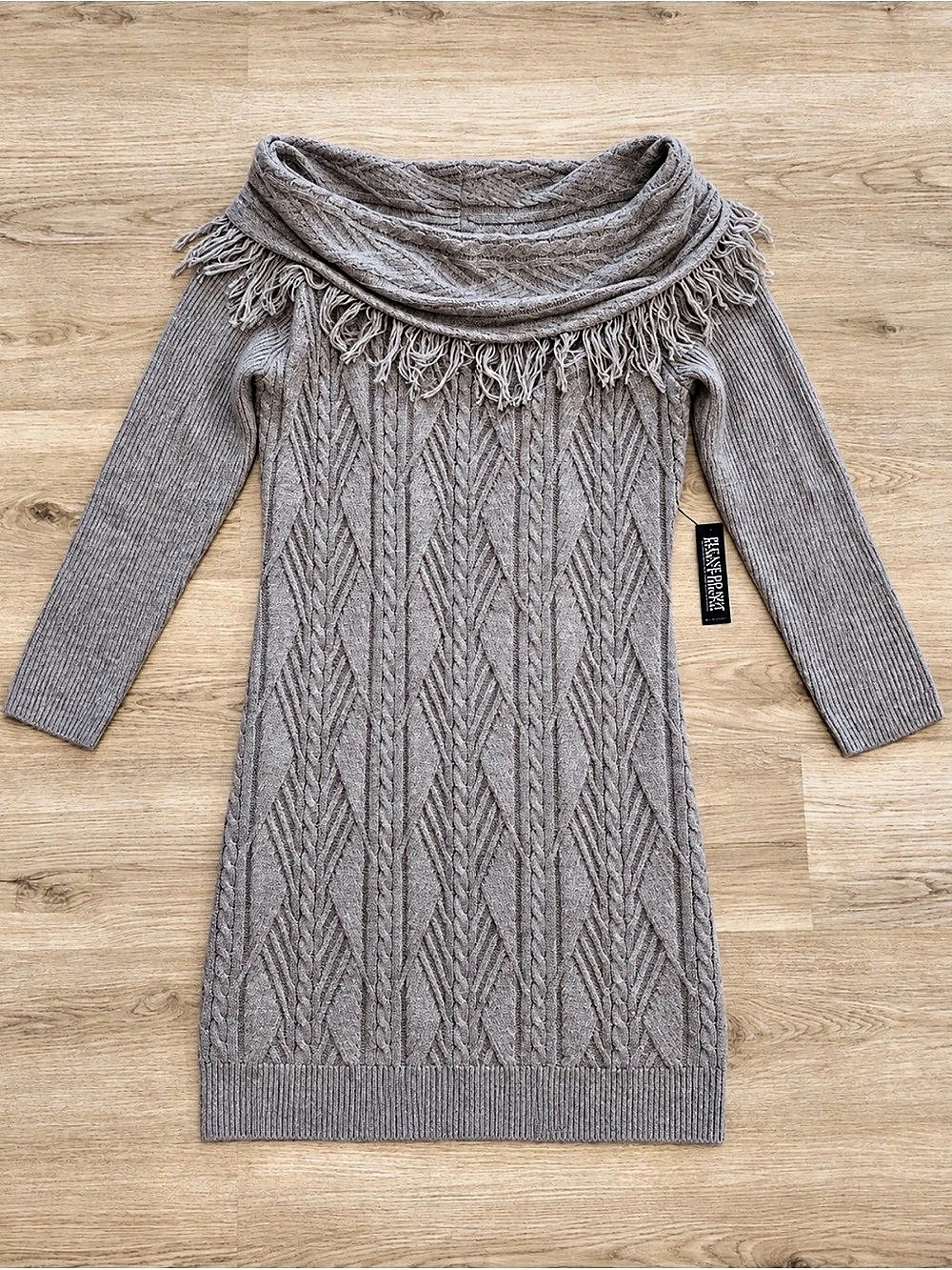 New York & Company Cable Knit Fringe Cowl Neck Dress in tan XL NWT